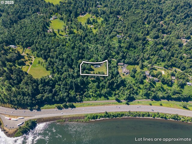 37333 NE Reed Rd, Corbett, OR 97019 - aerial view of property and surrounding area with property parcel outlined and a nearby body of water