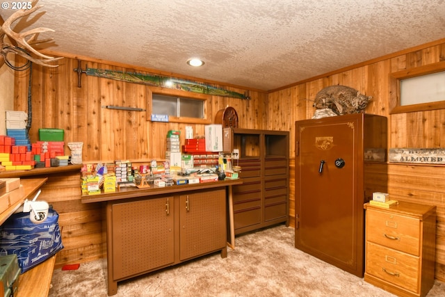 kitchen with wooden walls, a textured ceiling, and carpet floors