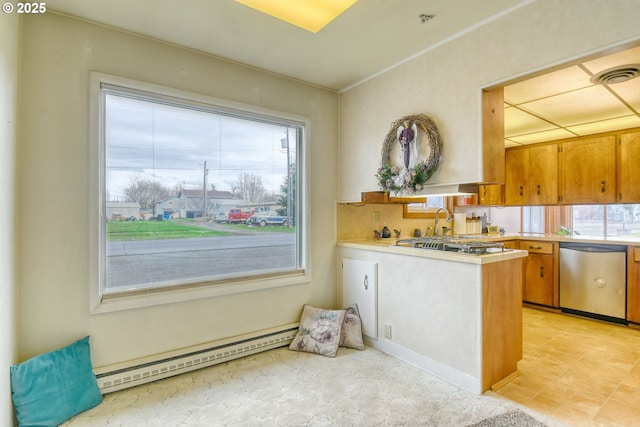 kitchen with visible vents, a baseboard heating unit, dishwasher, light countertops, and brown cabinets