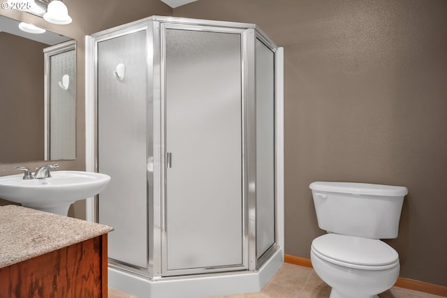 425 SE Shell Ave Unit 4, Depoe Bay, OR 97341 - bathroom featuring a shower stall, toilet, a sink, baseboards, and tile patterned flooring