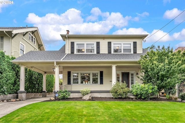 view of front of house featuring a porch, driveway, a shingled roof, and a front lawn