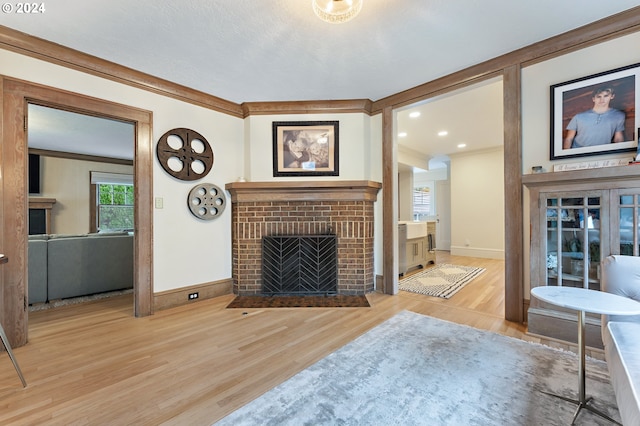 living area with crown molding, baseboards, a fireplace, and light wood finished floors