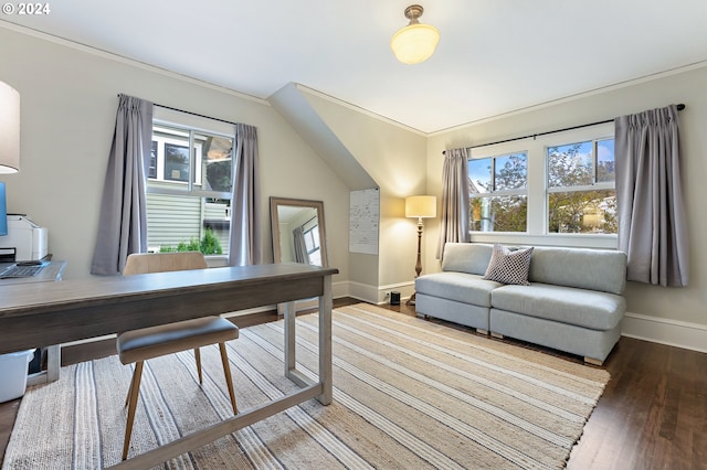 office space featuring a wealth of natural light, baseboards, wood finished floors, and ornamental molding