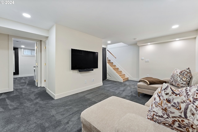 living room with baseboards, stairway, dark carpet, and recessed lighting