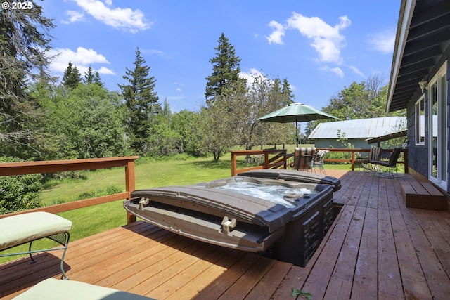 235 Bates Rd, White Salmon, WA 98672 - wooden terrace with a hot tub and a lawn