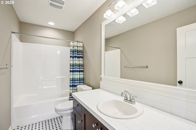 665 NE Skidmore St, Portland, OR 97211 - full bathroom featuring vanity, shower / bathtub combination with curtain, and decorative backsplash