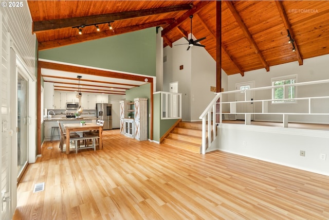 20740 S Shelley Ln, Beavercreek, OR 97004 - unfurnished living room featuring a wooden ceiling with exposed beams, light wood-style flooring, a ceiling fan, rail lighting, and high vaulted ceiling