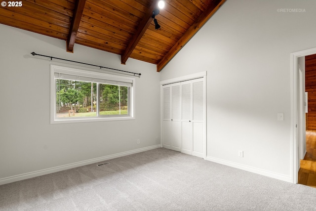 20740 S Shelley Ln, Beavercreek, OR 97004 - unfurnished bedroom with a wooden ceiling with exposed beams, carpet flooring, a closet, and high vaulted ceiling