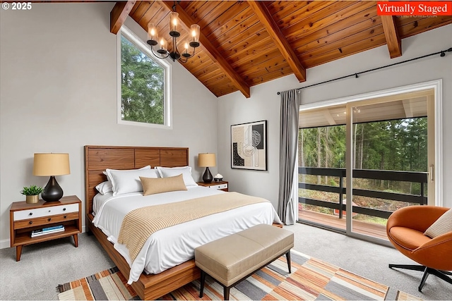 20740 S Shelley Ln, Beavercreek, OR 97004 - bedroom featuring carpet floors, access to outside, a chandelier, a wooden ceiling with exposed beams, and high vaulted ceiling