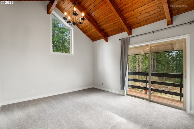 20740 S Shelley Ln, Beavercreek, OR 97004 - spare room featuring carpet flooring, a chandelier, and wood ceiling
