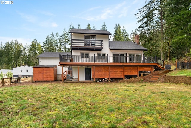 20740 S Shelley Ln, Beavercreek, OR 97004 - back of house featuring stairway, a chimney, a deck, and a balcony