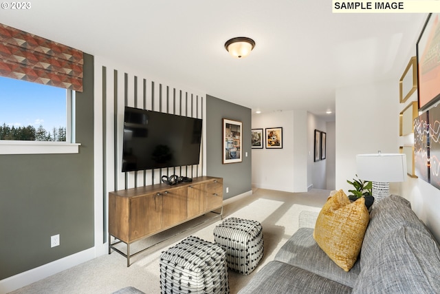 living room featuring light colored carpet