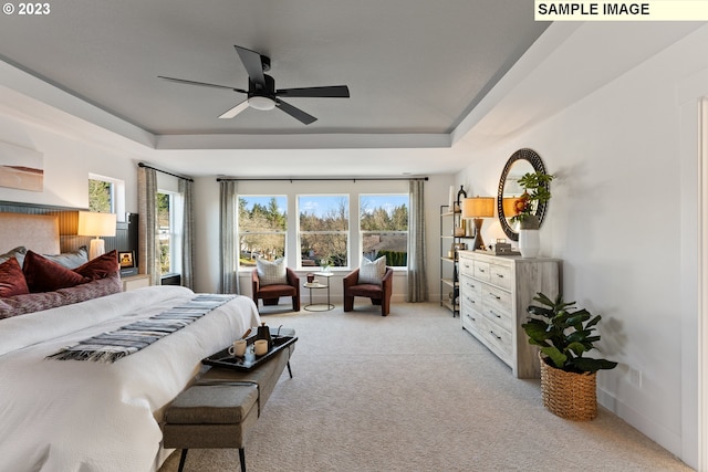 bedroom with multiple windows, a raised ceiling, and light colored carpet