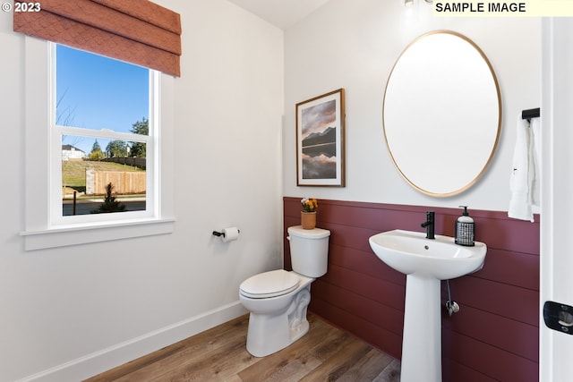 bathroom with toilet, a sink, baseboards, and wood finished floors