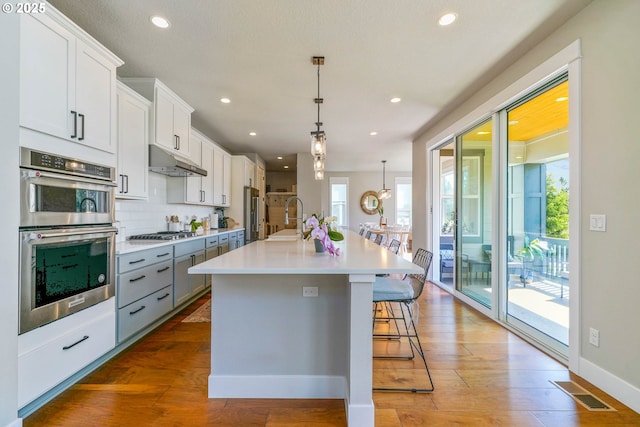 kitchen with visible vents, stainless steel appliances, under cabinet range hood, recessed lighting, and a kitchen island with sink