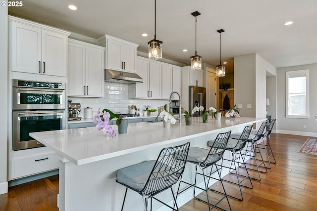 kitchen featuring recessed lighting, under cabinet range hood, decorative backsplash, a spacious island, and appliances with stainless steel finishes