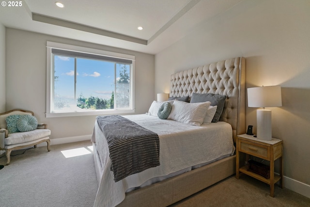 carpeted bedroom with recessed lighting and baseboards