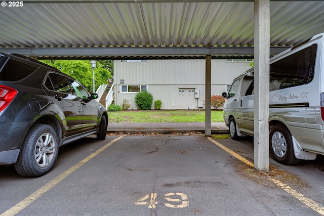 covered parking lot with stairs