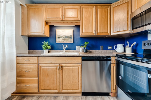 kitchen featuring light wood-type flooring, stainless steel appliances, light countertops, and a sink