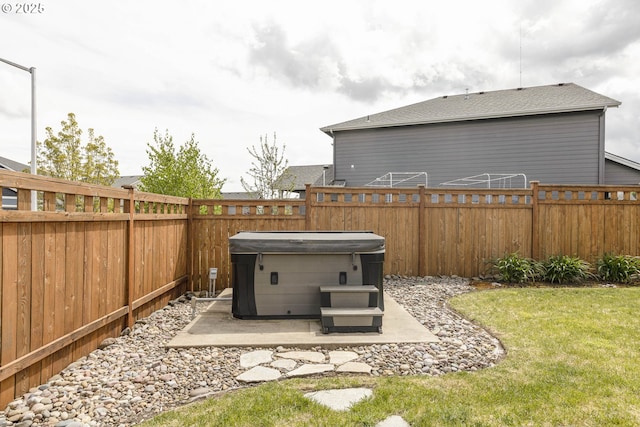 1779 SE Academy St, Dallas, OR 97338 - view of yard featuring a fenced backyard, a hot tub, and a patio area