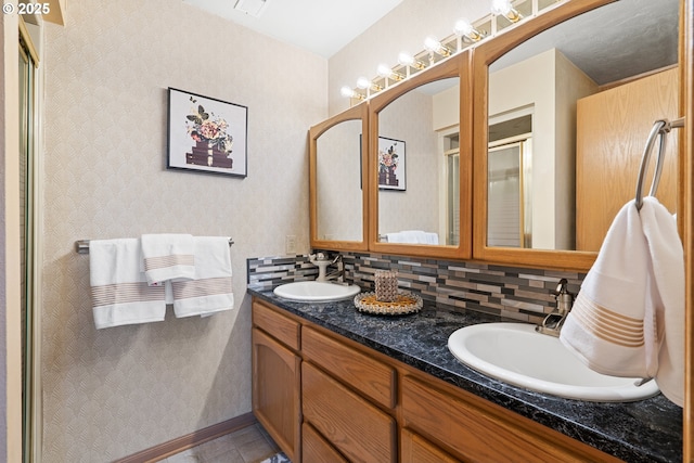 2935 Cedarwood Ct, Albany, OR 97322 - full bath featuring double vanity, a shower with door, and backsplash