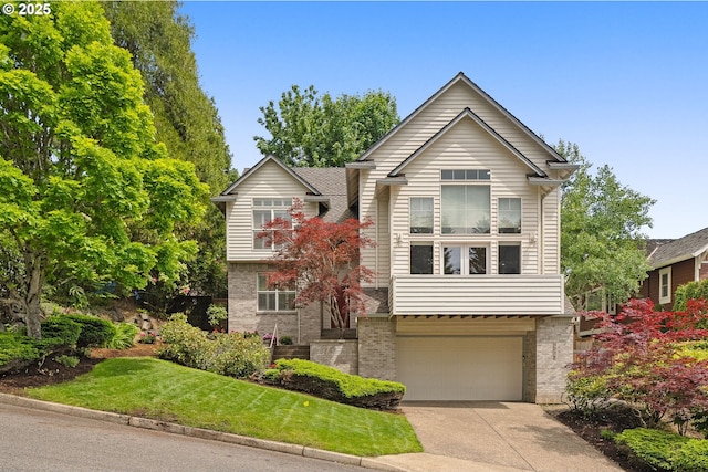 1318 NW Slocum Way, Portland, OR 97229 - view of front of home with brick siding, a garage, concrete driveway, and a front yard