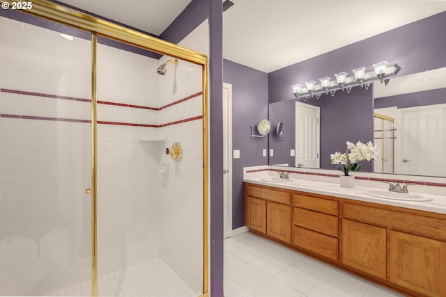 1318 NW Slocum Way, Portland, OR 97229 - full bath with a stall shower, tile patterned floors, and double vanity