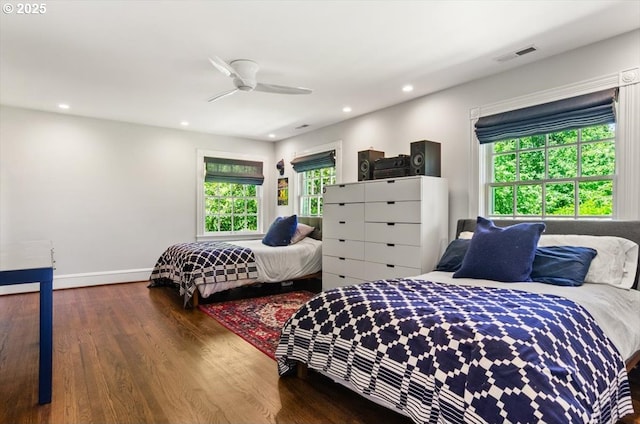 2505 SW Hillcrest Dr, Portland, OR 97201 - bedroom featuring multiple windows, wood finished floors, recessed lighting, baseboards, and a ceiling fan