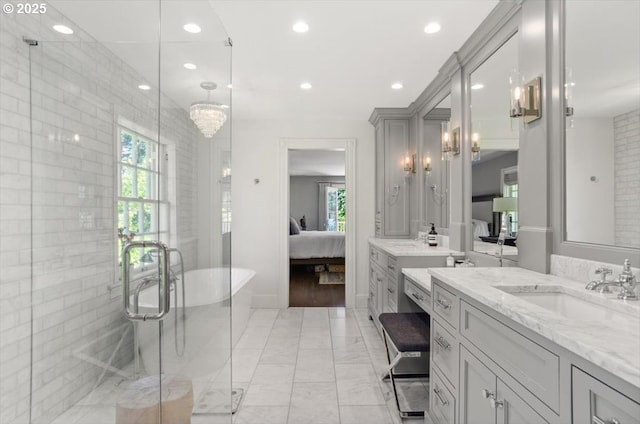 2505 SW Hillcrest Dr, Portland, OR 97201 - bathroom featuring connected bathroom, vanity, recessed lighting, a shower stall, and a freestanding bath
