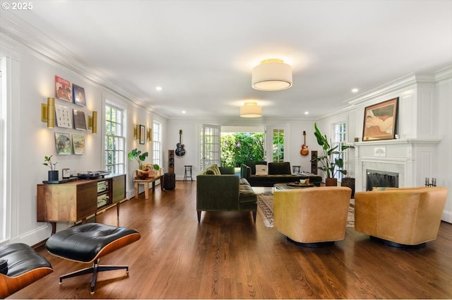 2505 SW Hillcrest Dr, Portland, OR 97201 - living area featuring crown molding, a glass covered fireplace, wood finished floors, recessed lighting, and baseboards