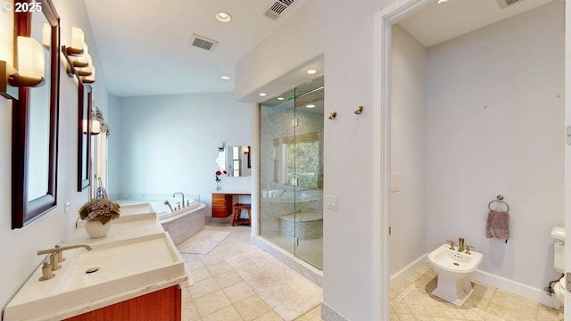 94414 Tom Cat Hill Rd, Gold Beach, OR 97444 - full bathroom featuring a bidet, a stall shower, vanity, and recessed lighting