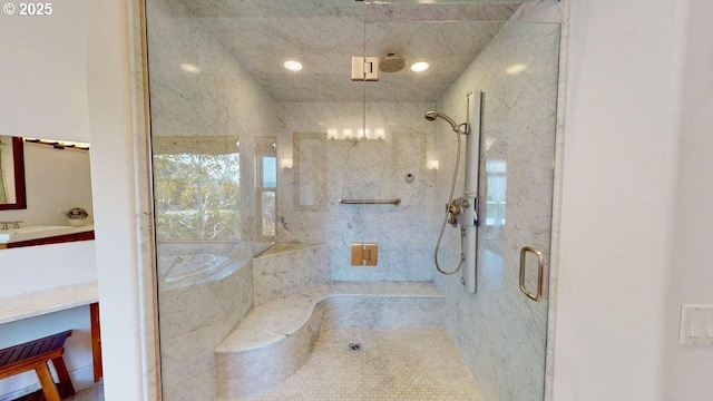 94414 Tom Cat Hill Rd, Gold Beach, OR 97444 - bathroom with a marble finish shower, vanity, and a chandelier