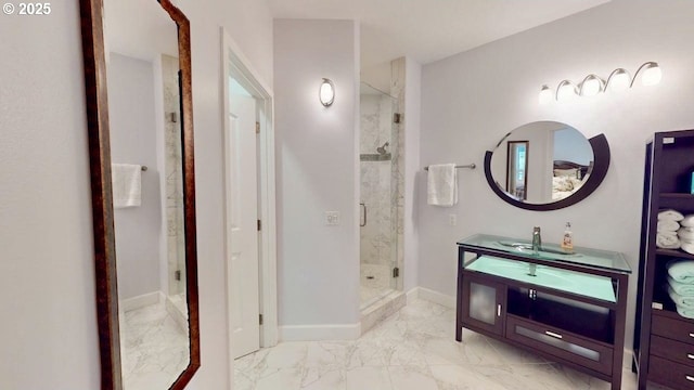 94414 Tom Cat Hill Rd, Gold Beach, OR 97444 - bathroom featuring marble finish flooring, a shower stall, and vanity