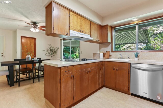 kitchen with a sink, electric stovetop, light countertops, stainless steel dishwasher, and under cabinet range hood