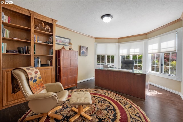 home office with ornamental molding, baseboards, dark wood-style flooring, and a textured ceiling