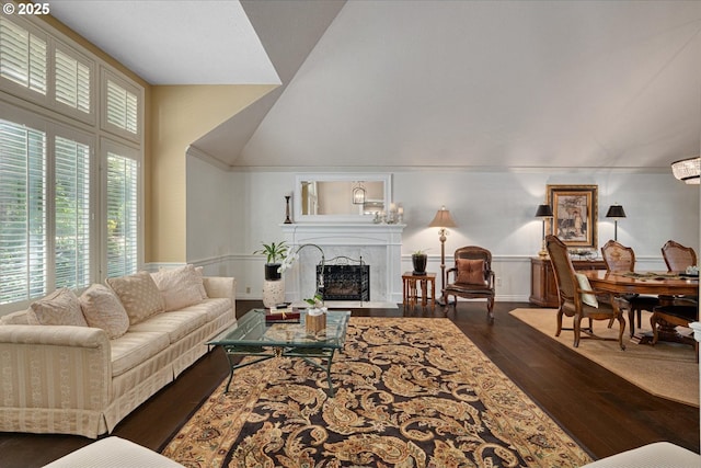 18280 Delenka Ln, Lake Oswego, OR 97034 - living area featuring wood-type flooring, a fireplace, and vaulted ceiling