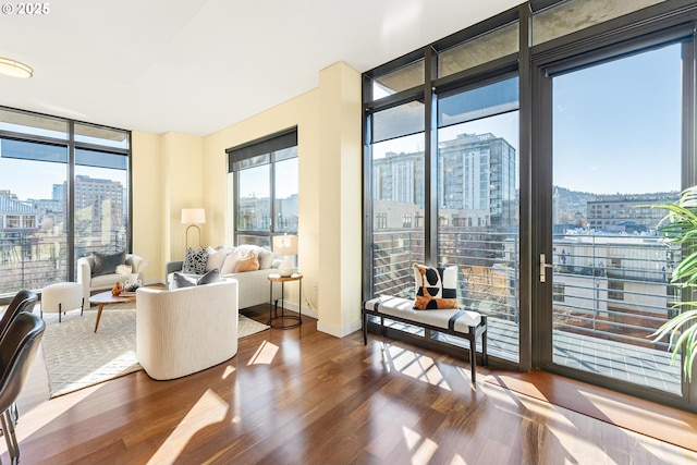 interior space with a healthy amount of sunlight, dark wood-style floors, a view of city, and a wall of windows