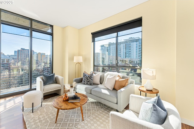 living room featuring floor to ceiling windows, a city view, baseboards, and wood finished floors