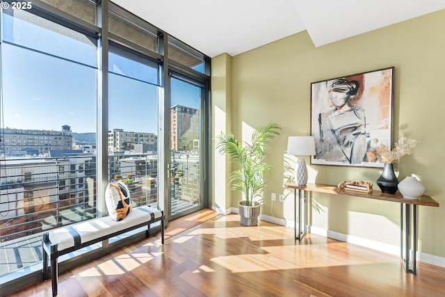 sitting room with baseboards, floor to ceiling windows, a city view, and wood finished floors