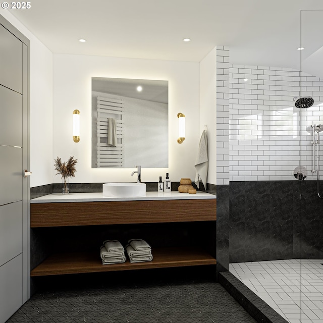 4915 NE 8th Ave, Portland, OR 97211 - full bath featuring a tile shower, vanity, recessed lighting, and a towel warmer