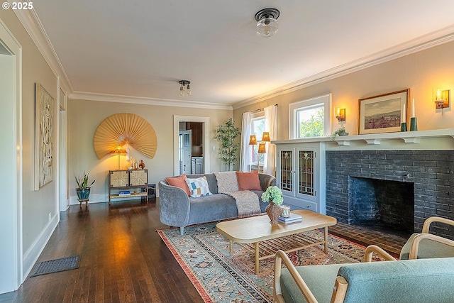 4915 NE 8th Ave, Portland, OR 97211 - living room with wood finished floors, crown molding, and a brick fireplace