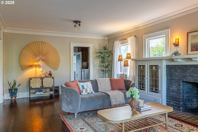 4915 NE 8th Ave, Portland, OR 97211 - living room featuring crown molding, wood finished floors, and a brick fireplace