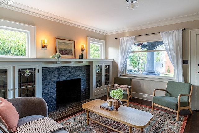 4915 NE 8th Ave, Portland, OR 97211 - living room featuring crown molding, wood finished floors, and a brick fireplace