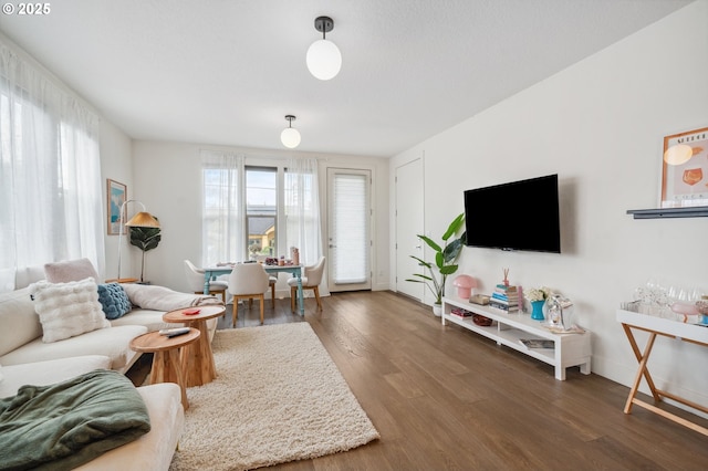 living area featuring baseboards and wood finished floors