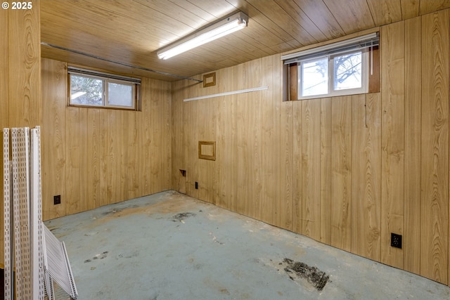 basement with wooden ceiling and wood walls