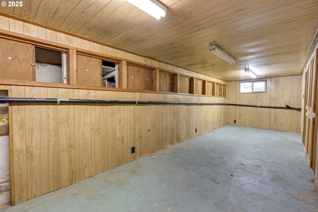 basement with wood ceiling and wooden walls