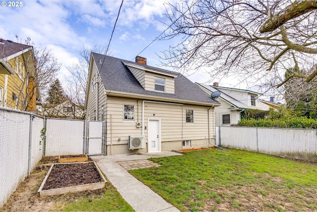 back of property with ac unit and a lawn