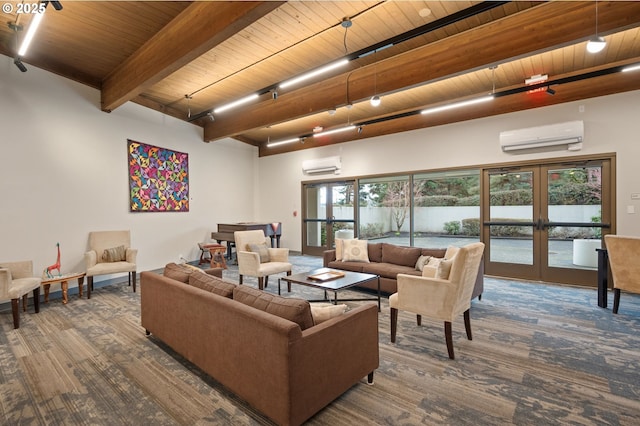 living room with track lighting, a wall unit AC, french doors, and wooden ceiling