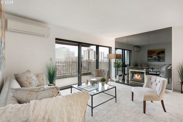 living room with a wall unit AC, a fireplace, and light colored carpet