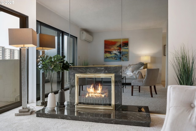 carpeted living room with a fireplace and a wall mounted AC